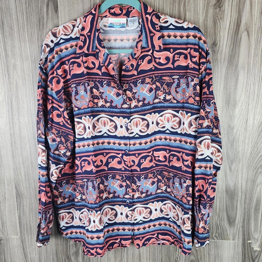Vintage Multicolor Elephant‎ Geometric Rayon Button Down Shirt Navy Coral Medium